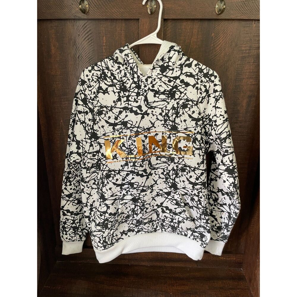 Youth Hoodie Black White Splatter Print Gold Foil Graphic Pullover L 14/16